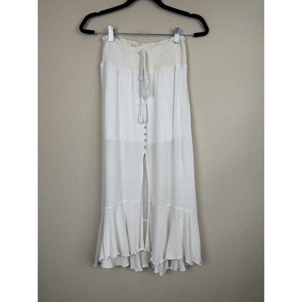 Franco White Swiss Dot Boho Maxi Skirt Button Smocked Waist Tassel Ruffle Sz S
